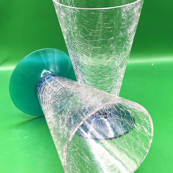 Mid Century Barware Drinking Glasses Crackle Glass Cone Shape Blue Base Set of 2 - Picture 5 of 13